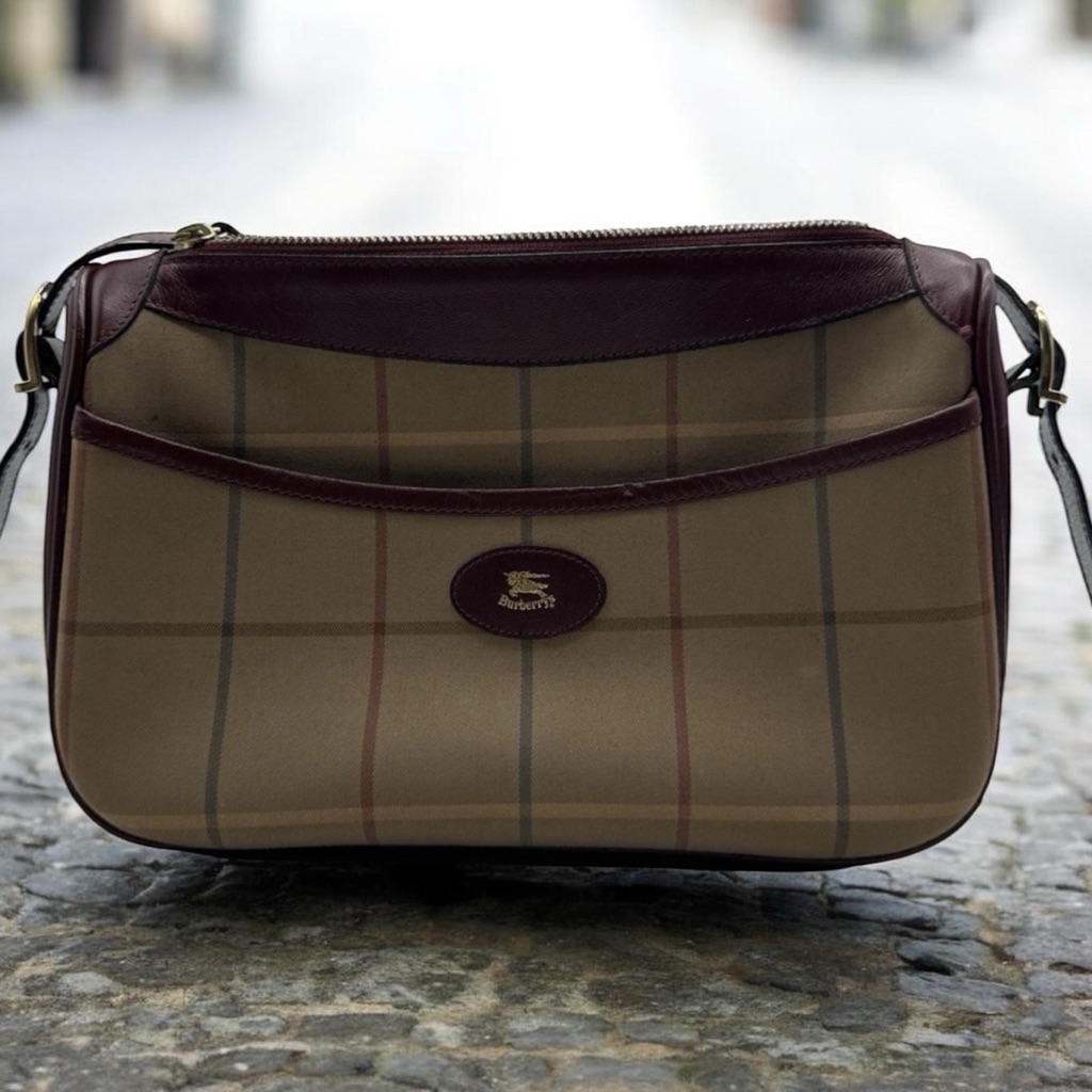 Burberry Beige Plaid Shoulder Bag With Dark Brown Leather Trim